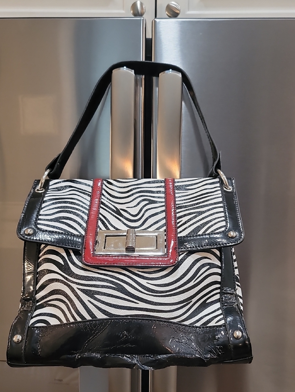 Zebra Print Shoulder Bag with Red Trim
